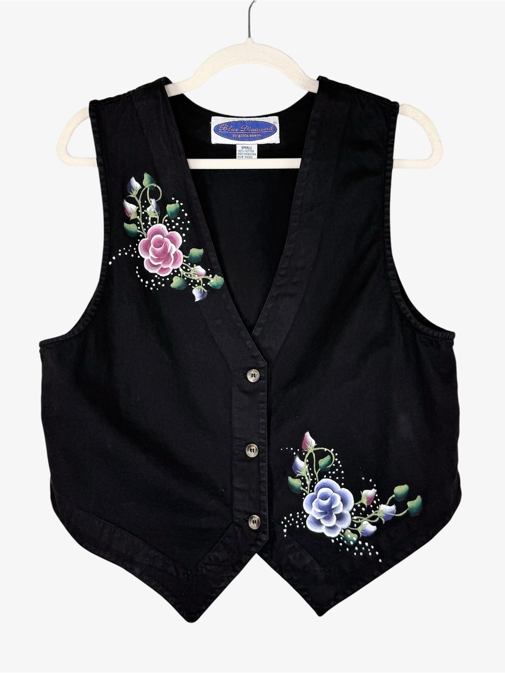 Vintage Hand-Painted Black Floral Vest Small Rose Cottagecore Boho Western 90s